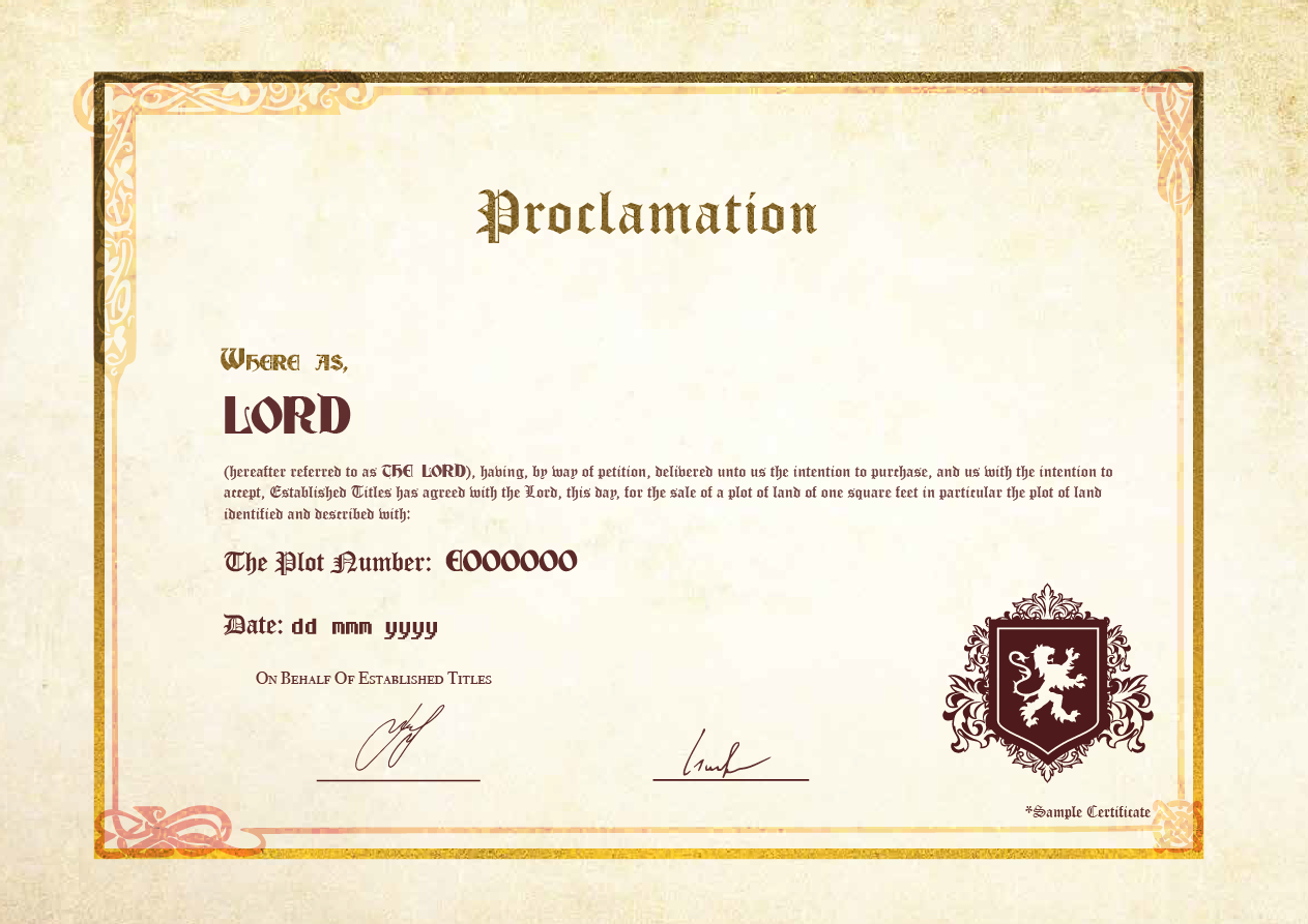 Lordship Title Pack with Free digital certificate